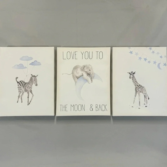 Nursery Wall Decor Love You To The Moon & Back 3 Canvas Giraffe Elephant Zebra - Picture 1 of 5
